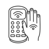 icono lineal del terminal de pago nfc. pago con etiqueta nfc. ilustración de línea delgada. terminal pos y mano con etiqueta rfid. pago electrónico. símbolo de contorno dibujo de contorno aislado vectorial. trazo editable vector