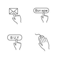 App buttons linear icons set. Click. Message button, buy now, computer mouse. Thin line contour symbols. Isolated vector outline illustrations. Editable stroke