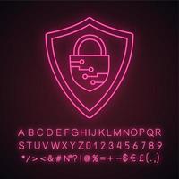 Cybersecurity neon light icon. Safeguard. Shield with closed padlock inside. Artificial intelligence. Glowing sign with alphabet, numbers and symbols. Vector isolated illustration