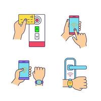 NFC technology color icons set. Near field credit card reader, smartphone, bracelet, door lock. Isolated vector illustrations