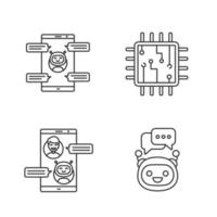 Chatbots linear icons set. Thin line contour symbols. Virtual assistants. Messenger, chat bots. Processor. Modern robots. Smartphone chatterbots. Isolated vector outline illustrations. Editable stroke