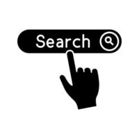 Search button click glyph icon. Silhouette symbol. Internet surfing. Hand pressing find button. Negative space. Vector isolated illustration