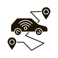 Self driving car glyph icon. Smart navigation. Setting pickup and drop off locations. Driverless auto route. Autonomous automobile. Silhouette symbol. Negative space. Vector isolated illustration