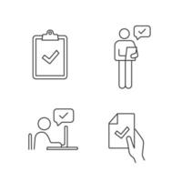 Approve linear icons set. Verification and validation. Clipboard with check mark, person checking document, contract signing, approval chat. Isolated vector outline illustrations. Editable stroke