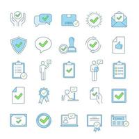 Approve color icons set. Quality assurance. Verification and validation. Confirmation. Certificates, awards, quality badges with checkmarks. Isolated vector illustrations