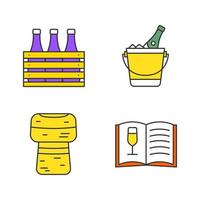 Alcohol color icons set. Bar. Wine. Beer case, champagne bucket, cork, wine menu. Isolated vector illustrations