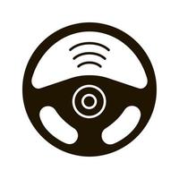 Autonomous car glyph icon. Car rudder and wireless signal sign. Autopilot. Driverless car. Self driving automobile. Silhouette symbol. Negative space. Steering wheel. Vector isolated illustration