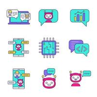 Chatbots color icons set. Talkbots. Support service, chat, messenger bots. Modern robots. Digital brain and processor. Chatterbots. Isolated vector illustrations