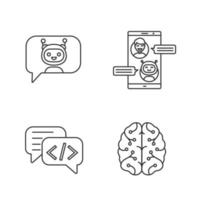 Chatbots linear icons set. Thin line contour symbols. Messenger, code and chat bots. Neural network. Modern robots. Smartphone chatterbots. Isolated vector outline illustrations. Editable stroke