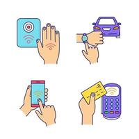 NFC technology color icons set. Near field smartphone, car and bracelet, payment terminal, reader. Isolated vector illustrations