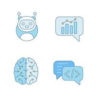 Chatbots color icons set. Virtual assistants. Code, statistics, support chat bots. Modern robots. Digital brain. Chatterbots. AI. Isolated vector illustrations