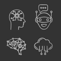 Artificial intelligence chalk icons set. Neural network Neurotechnology. Chat bot, AI, digital brain, cloud computing. Isolated vector chalkboard illustrations