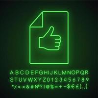 Approval document neon light icon. Best mark. Excellent review. Approval and like sign. Glowing sign with alphabet, numbers and symbols. Paper sheet with thumbs up. Vector isolated illustration