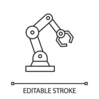 Industrial robotic arm linear icon. Thin line illustration. Robot hand. Contour symbol. Vector isolated outline drawing. Editable stroke