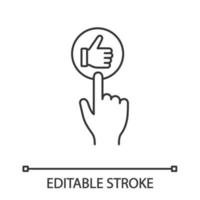 Like button click linear icon. Thumbs up. Hand pushing button. Thin line illustration. Contour symbol. Vector isolated outline drawing. Editable stroke