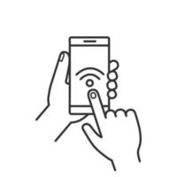 Hands holding NFC smartphone linear icon. Thin line illustration. NFC phone. Near field communication. Mobile phone contactless payment. Wifi connection. Vector isolated outline drawing