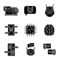 Chatbots glyph icons set. Silhouette symbols. Talkbots. Support service, chat, messenger bots. Modern robots. Digital brain and processor. Chatterbots. Vector isolated illustration