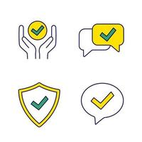 Approve color icons set. Verification and validation. Quality service, approved chat, confirmation dialog, shield with check mark. Isolated vector illustrations