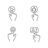 App buttons linear icons set. Click. Play, like, power, new follower notification. Thin line contour symbols. Isolated vector outline illustrations. Editable stroke