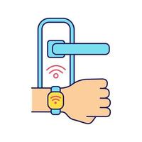 Door lock opened with NFC bracelet color icon. Near field communication padlock. RFID wristband. Contactless technology. Isolated vector illustration