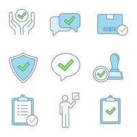 Approve color icons set. Quality service, approved chat, delivery, security, dialog, stamp, task planning, voter, clipboard with checkmark. Isolated vector illustrations