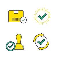 Approve color icons set. Verification and validation. Approved delivery, check mark, stamp of approval, checking process. Isolated vector illustrations