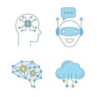 conjunto de iconos de colores de inteligencia artificial. Neurotecnología de redes neuronales. bot de chat, inteligencia artificial, cerebro digital, computación en la nube. ilustraciones de vectores aislados