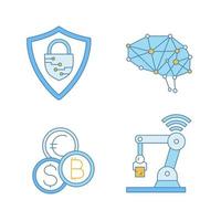 Artificial intelligence color icons set. Cyberspace. Neurotechnology. Cybersecurity, digital brain, currency exchange, iot robot. Isolated vector illustrations