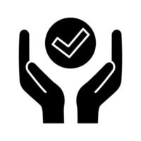 Quality services glyph icon. Quality assurance. Verification and validation. Meeting requirements. Hands holding check mark. Silhouette symbol. Negative space. Vector isolated illustration