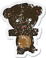 pegatina retro angustiada de un cachorro de oso negro de peluche de dibujos animados vector