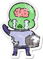 distressed sticker of a cartoon big brain alien crying and waving goodbye vector