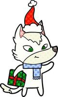 friendly comic book style illustration of a christmas wolf wearing santa hat vector