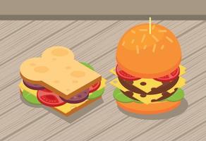 sándwich isométrico y hamburguesa
