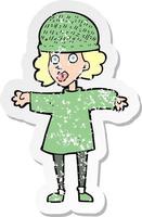 pegatina retro angustiada de una mujer de dibujos animados con sombrero de invierno vector