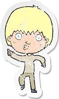 retro distressed sticker of a cartoon impressed boy pointing vector