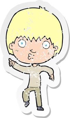 retro distressed sticker of a cartoon impressed boy pointing