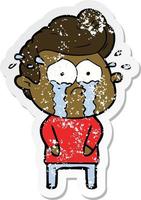 distressed sticker of a cartoon crying man vector