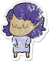 distressed sticker of a happy cartoon elf girl vector