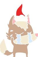 flat color illustration of a crying wolf wearing santa hat vector