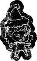 bonito icono angustiado de dibujos animados de una niña elfa con sombrero de santa vector