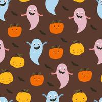 Funny ghosts, pumpkins and bats seamless pattern. Halloween print. Vector illustration in flat style