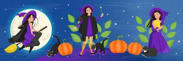 Female characters for Halloween set. A cute witch in a cloak and stockings flies on a broomstick, a black cat, pumpkins. Vector illustration