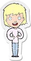 retro distressed sticker of a cartoon happy woman vector