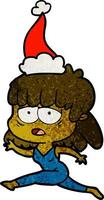 textured cartoon of a tired woman wearing santa hat vector