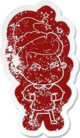 cartoon distressed sticker of a excited man wearing santa hat vector