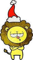 textured cartoon of a tired lion wearing santa hat vector