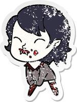 distressed sticker of a cartoon vampire girl with blood on cheek vector