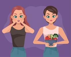 girls with vegetables in bowl vector
