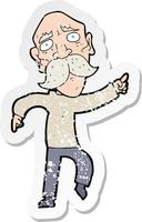 retro distressed sticker of a cartoon sad old man pointing vector