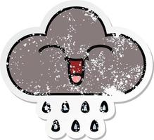 pegatina angustiada de una linda nube de lluvia de tormenta de dibujos animados vector